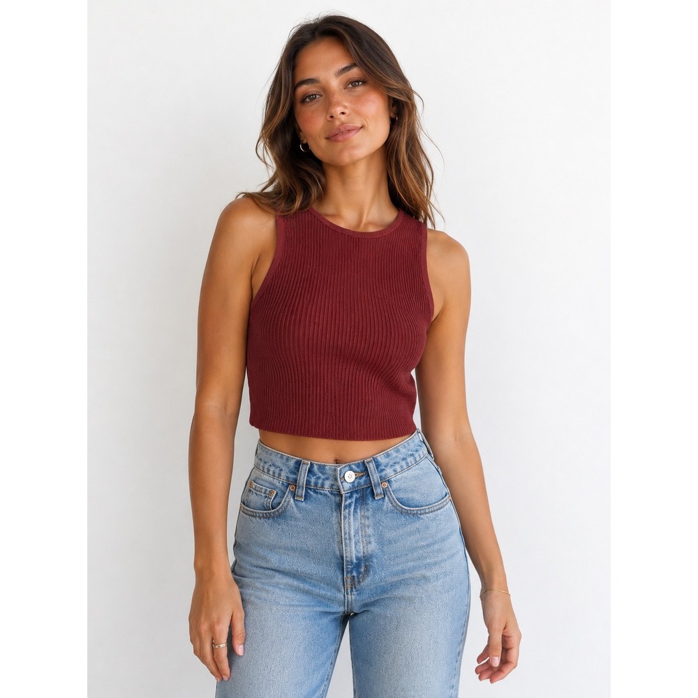 Babaton Sculpt Knit Tank Top S Burgundy Ribbed Cropped Sleeveless Minimalist